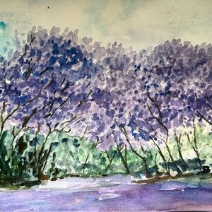 Purple Jacarandas 🌳trees and Green Landscape Art watercolor painting